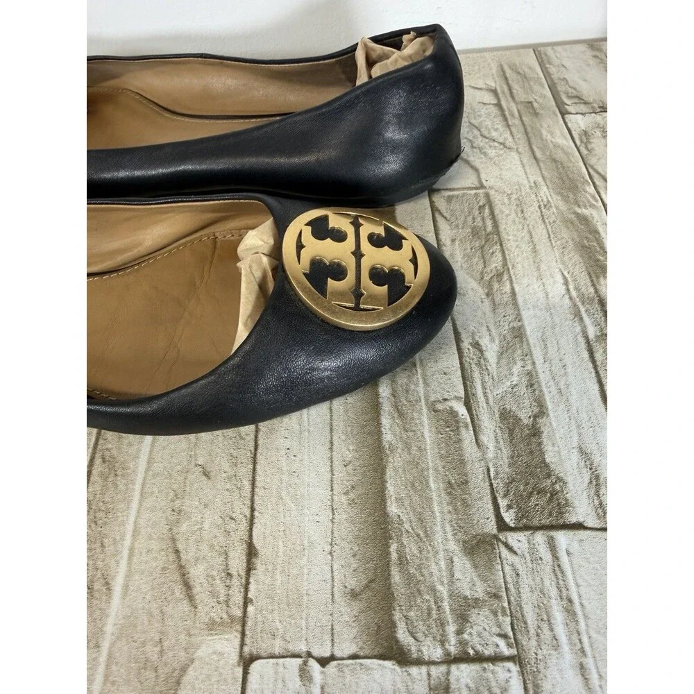 Tory Burch  Women’s  Shoe Minnie Metal Logo Flats  Leather Black Sz 9